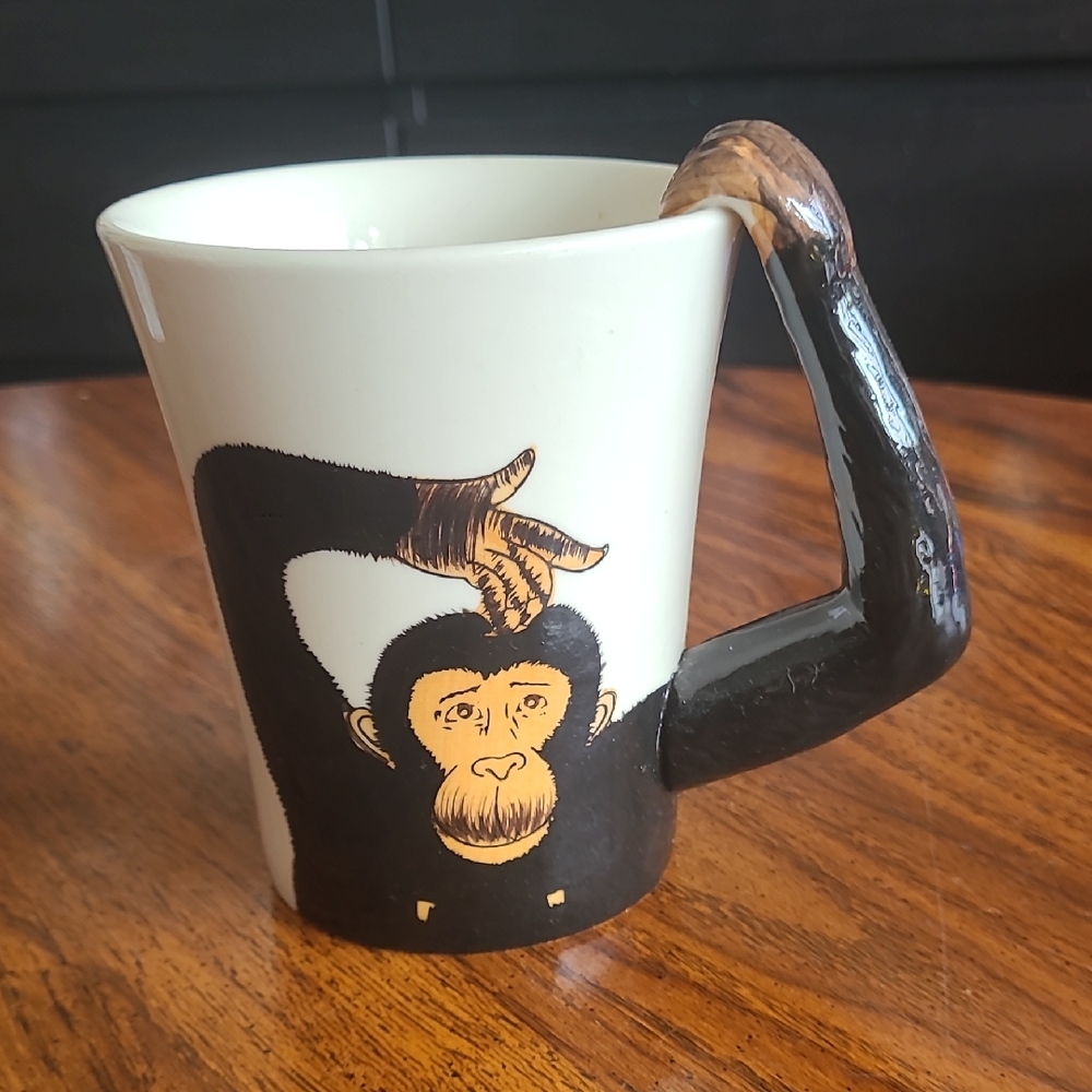 Pier 1 Imports Monkey Hand Painted Stoneware Mug 3D Chimp Ape Gorilla Arm Handle